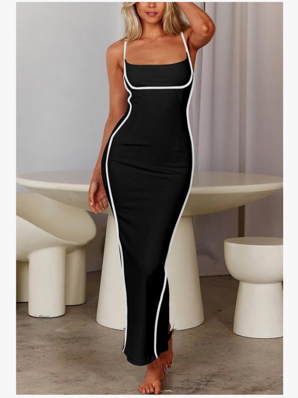 Black Spaghetti Strap Bodycon Maxi Dress with White Piping